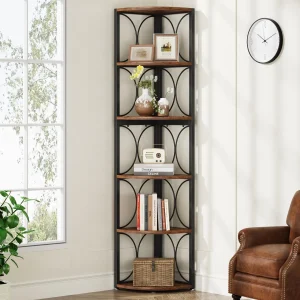 67 inch Tall Corner Shelf, 6 Tier Rustic Corner Bookshelf