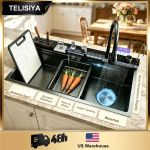 Modern Stainless Steel Waterfall Kitchen Sink Different Models Multifunctional Sinks Digital Display Large Single Slot