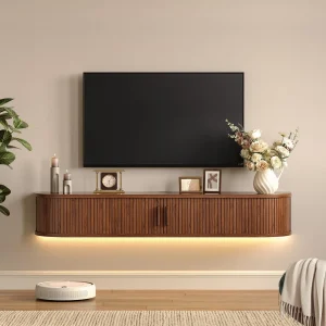 Floating TV Stand with Power Outlet, Wall Mounted TV Stand with LED Lights and Remote