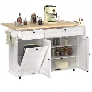 60" Mobile Kitchen Islands Table Drop Leaf Home Carts with Power Outlet Spice Towel Rack Trash