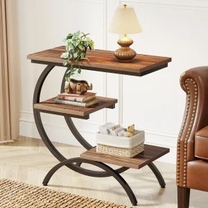 C-Shaped End Table, Industrial 3-Tier Small Table
