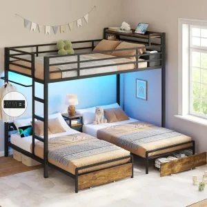 Triple Bunk Bed with Storage Drawers and Charging Station, Twin Over Twin Metal, 3 Beds