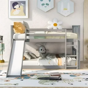Grey Solid Wood Full Over Full Bunk Bed with Slide and Guard Rail