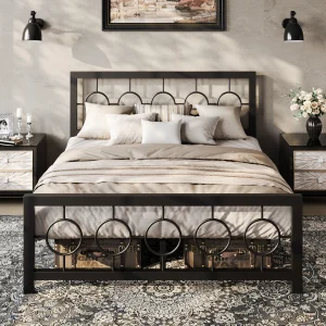 Metal Platform Bed Frame with Vintage Circular Design Headboard and Footboard,
