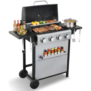 4 Burner Gas Grill with Foldable Shelves