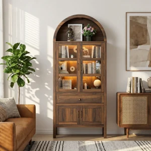Wood Arched  Adjustable Shelves Bookcase with Dimmable LED Lights