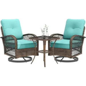Blue 3-Piece Outdoor Patio Furniture Set with Swivel Rocking Chairs