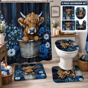 Highland Cow Bathroom Set - shower curtain, bath mat, U-shaped rug, and toilet lid cover