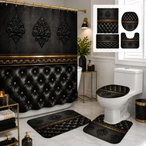 Elegance Shower Curtain Set Bath Mat, U - Shaped Mat, Toilet Lid Cover, Shower Curtain