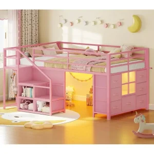 Twin Size Kids Loft Bed with Stairs, LED Lights, Under-Bed Play Area